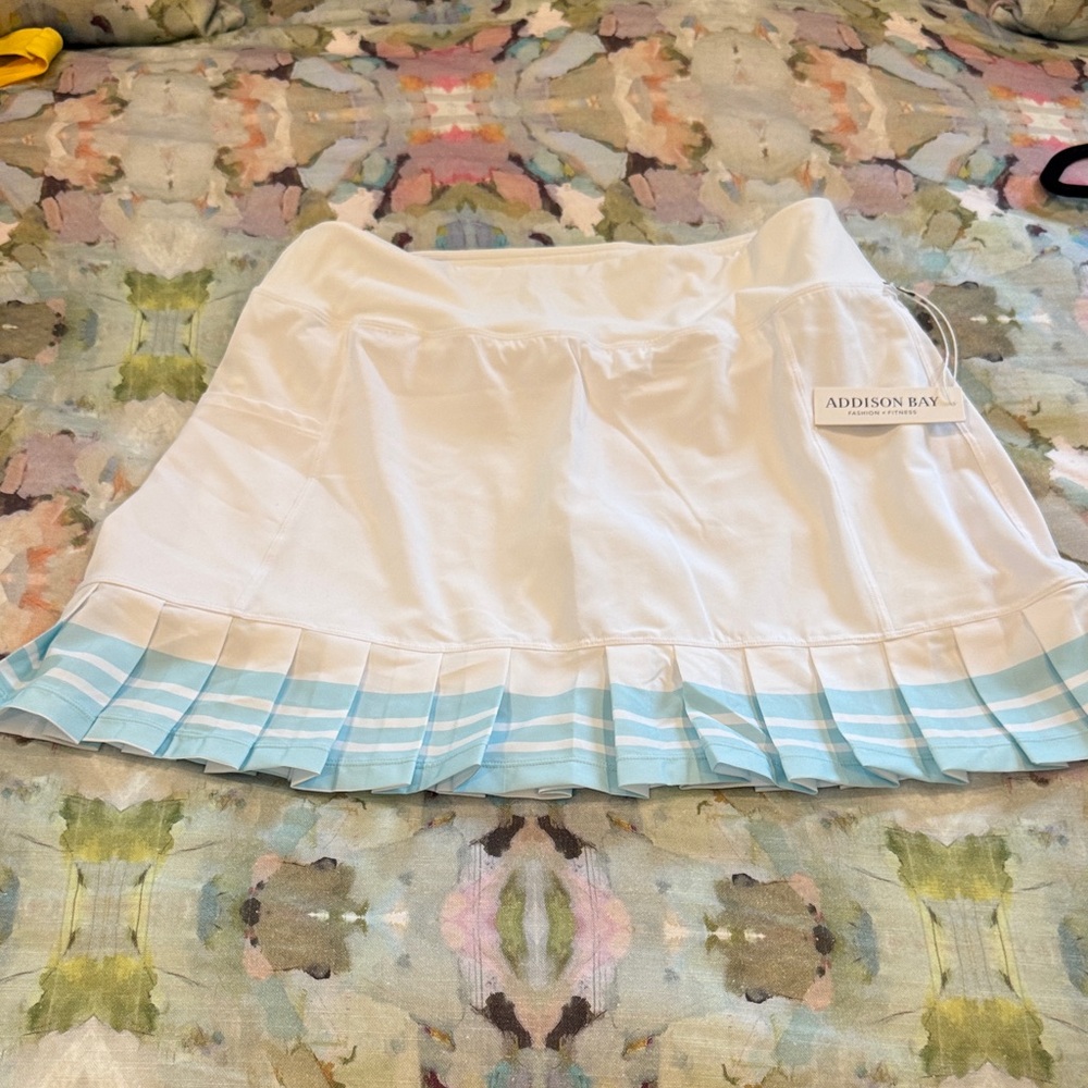 Addison Bay White Mini Skirt with Light Blue Pleated Hem